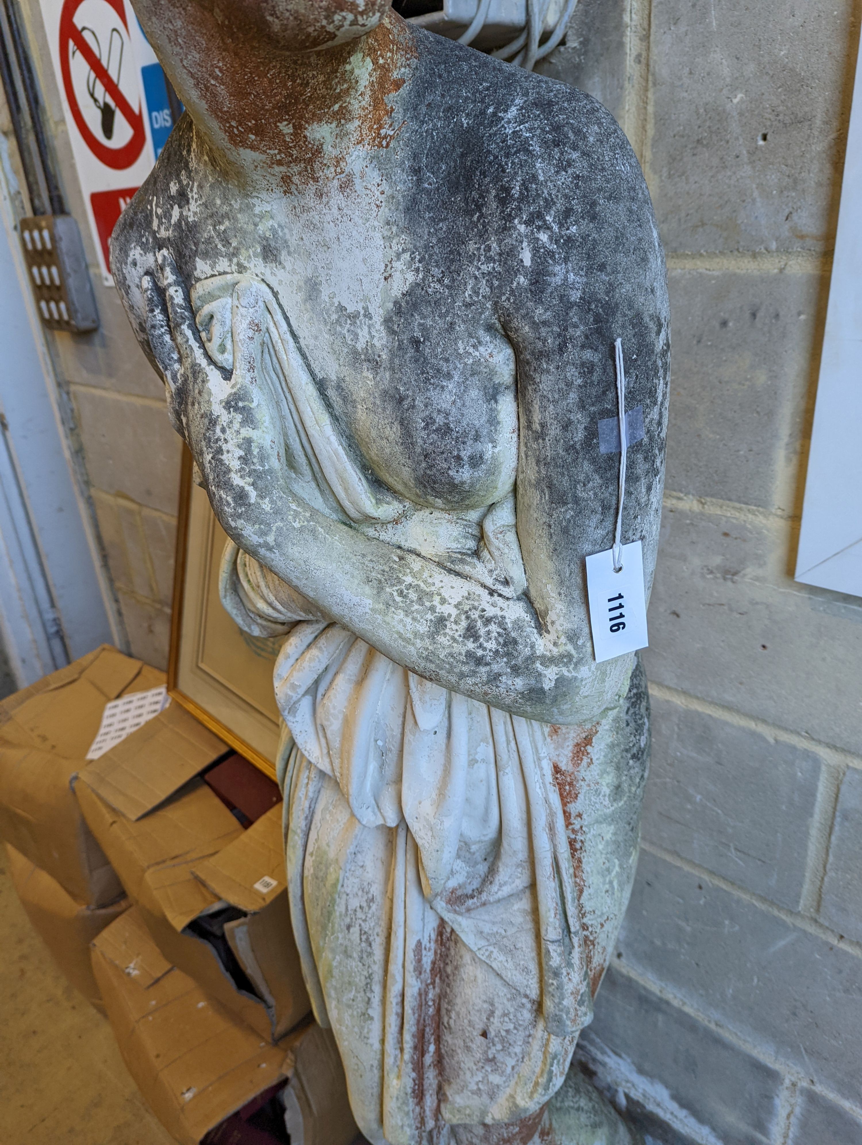 A full height weathered simulated composite stone maiden garden statue, height 175cm
